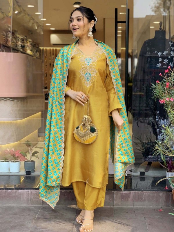 Mustard Viscose Silk Readymade Kurti